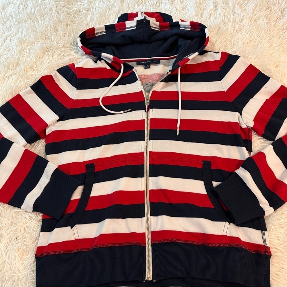 Tommy Hilfiger Red White Blue Stripe Zip Hoodie Classic Preppy Size Medium - Picture 15 of 16